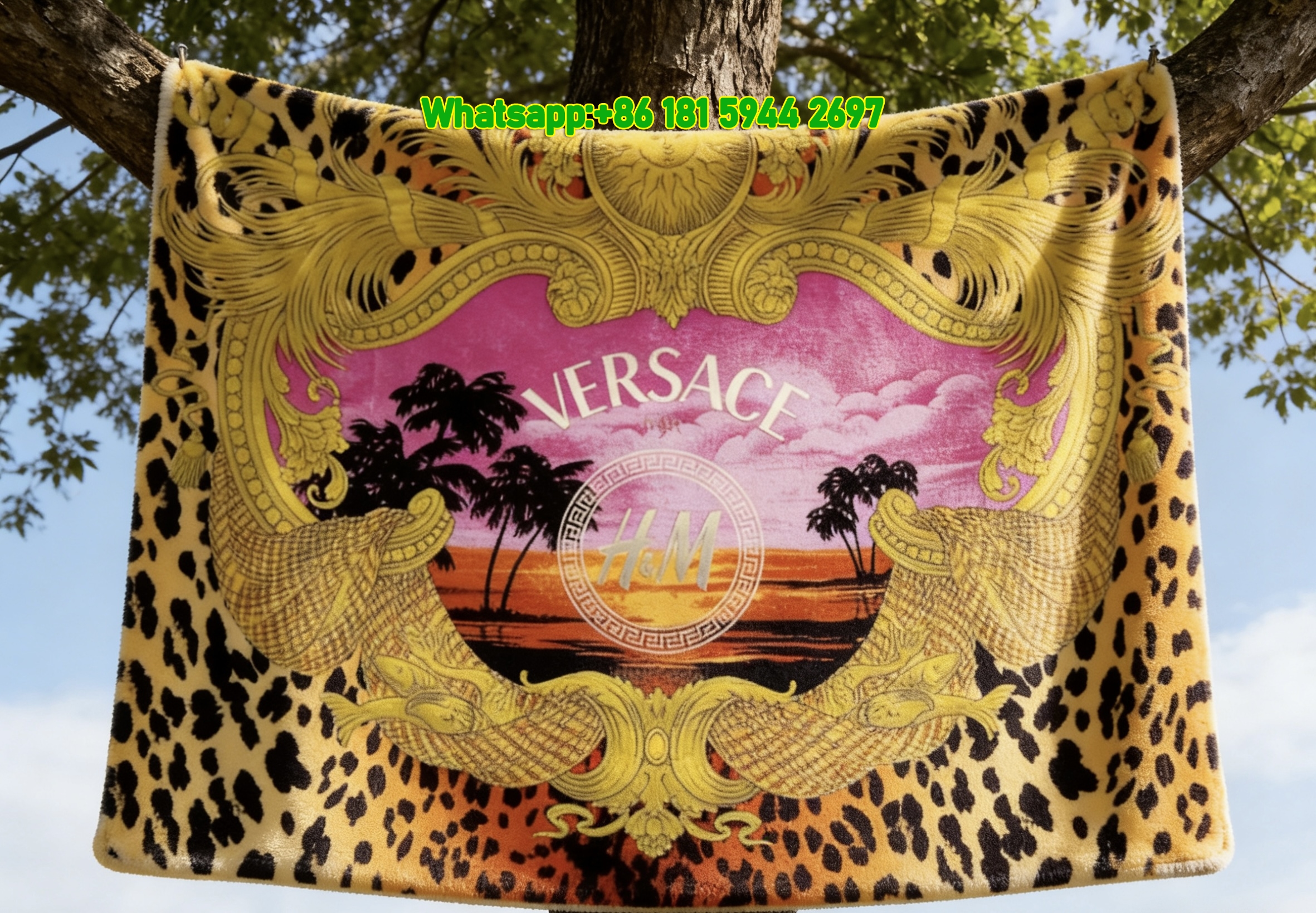Versace Tropical Sunset Leopard Print Gold Baroque Flannel Sofa Throw Blanket IMG_1575